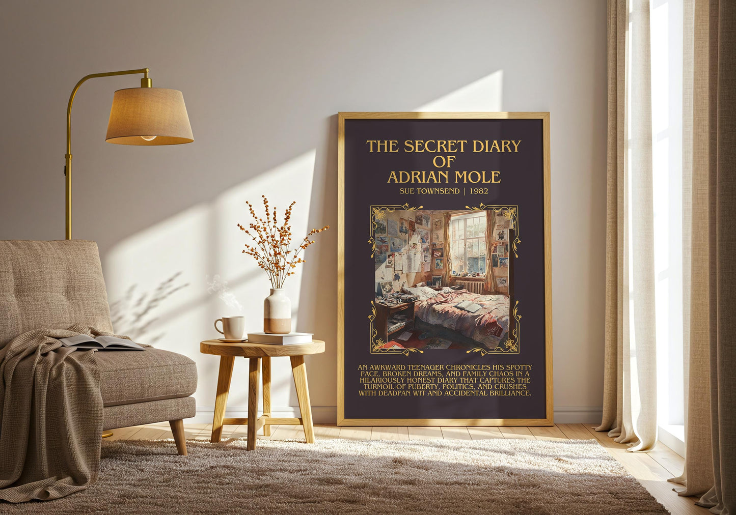 The Secret Diary Of Adrian Mole by Sue Townsend Descriptive, High Quality Poster Print.Free Delivery Wall Art. Author&Blurb Book Library