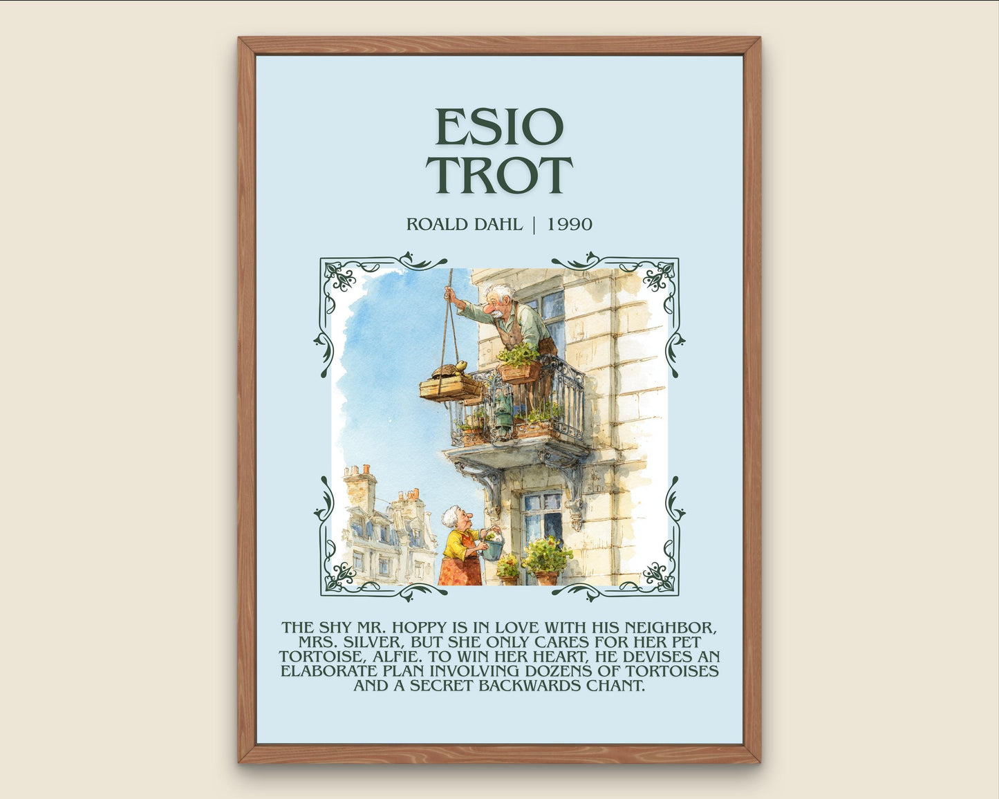 Esio Trot by Roald Dahl Descriptive, High Quality Poster Print.Free Delivery Wall Art.Author&Blurb Book Nook Gift