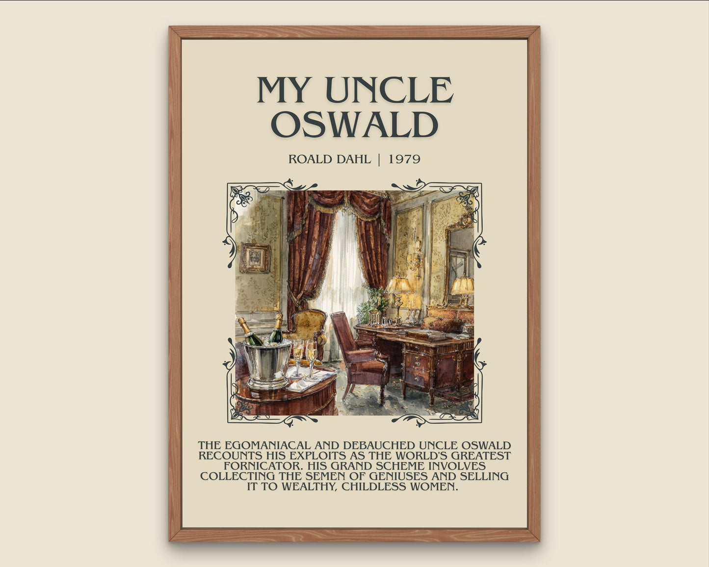 My Uncle Oswald by Roald Dahl Descriptive, High Quality Poster Print.Free Delivery Wall Art.Author&Blurb Book Nook Gift Library