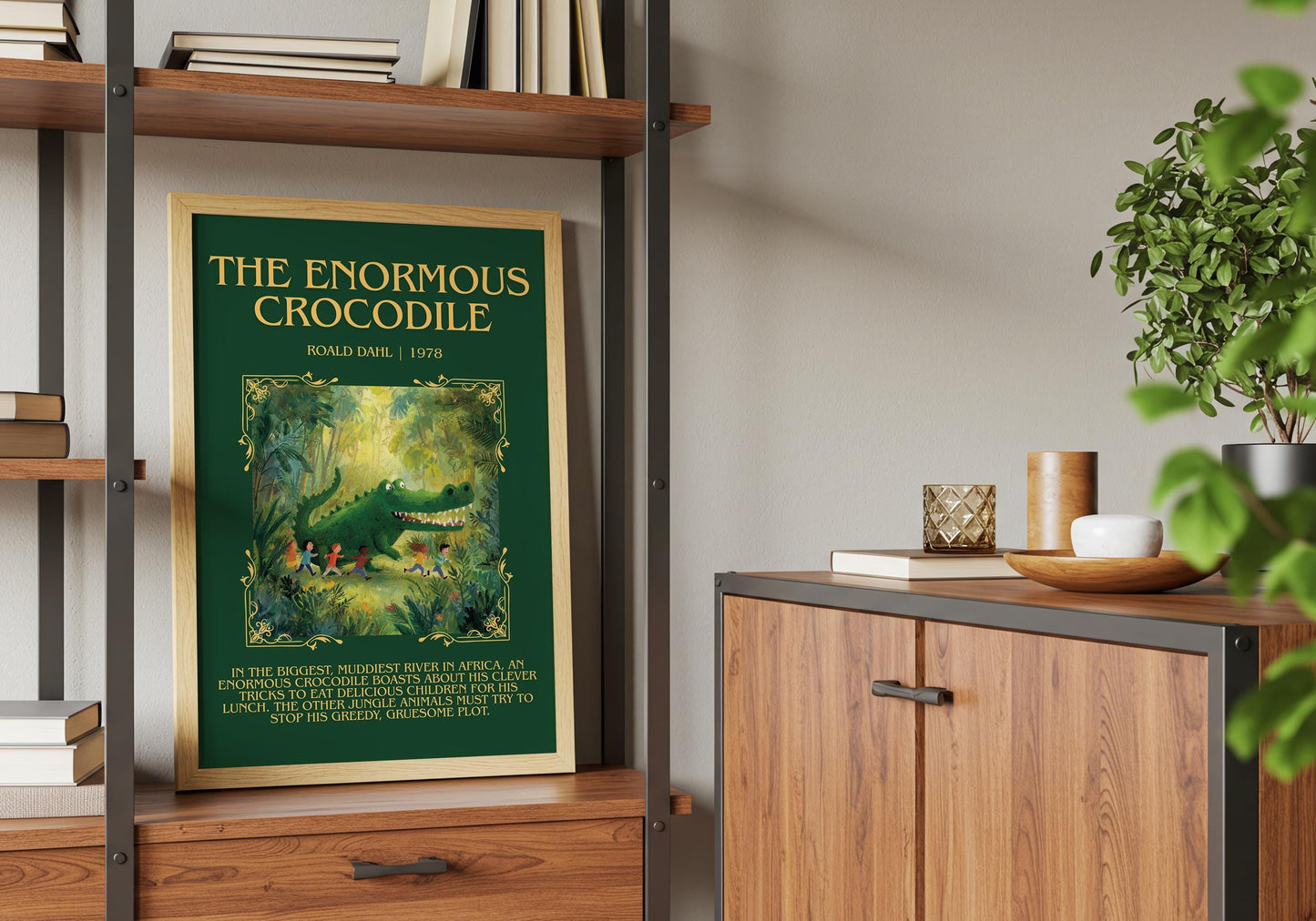 The Enormous Crocodile by Roald Dahl Descriptive, High Quality Poster Print.Free Delivery Wall Art.Author&Blurb Book Nook Gift Library
