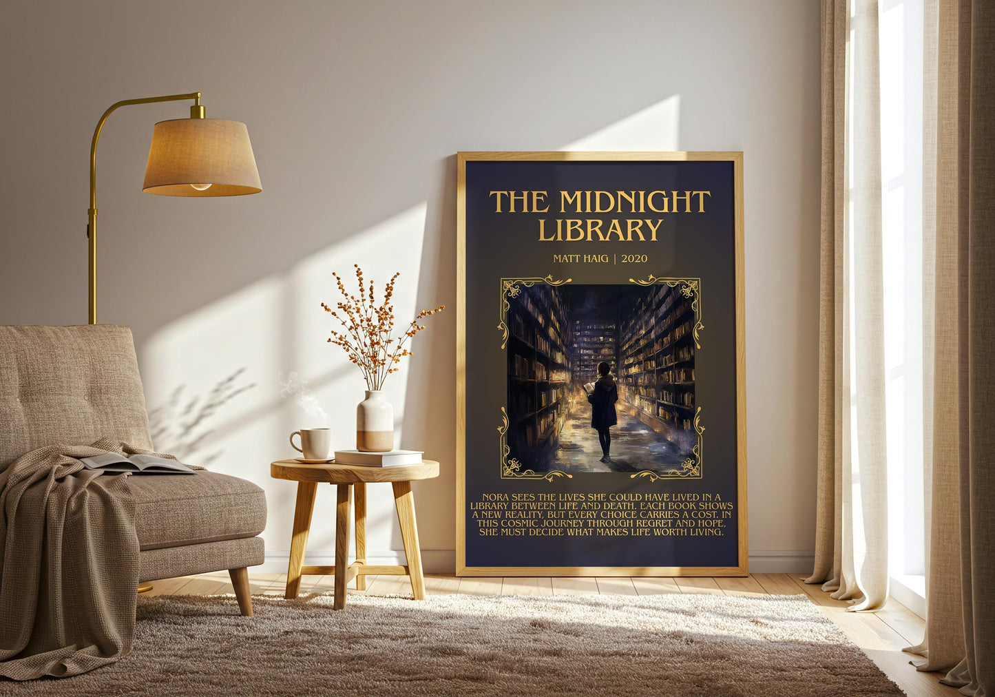 The Midnight Library by Matt Haig Descriptive, High Quality Poster Print.Free Delivery Wall Art.Author&Blurb Book Nook Gift Library