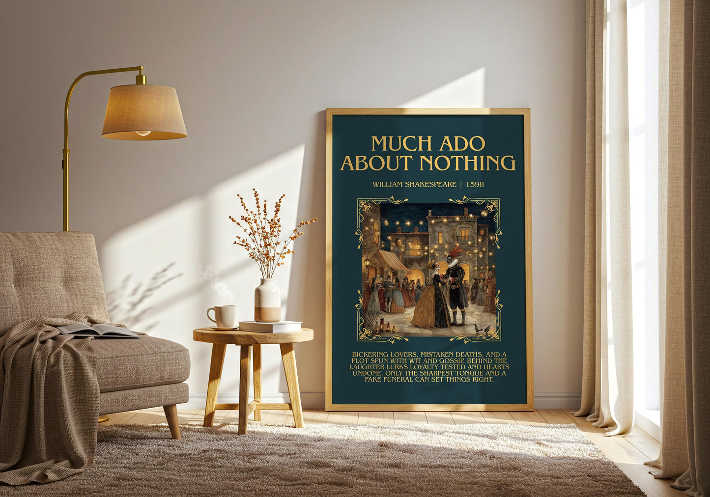 Much Ado About Nothing by William Shakespeare Descriptive, High Quality Poster Print.Free Delivery Wall Art.Author&Blurb Book Play Nook Gift