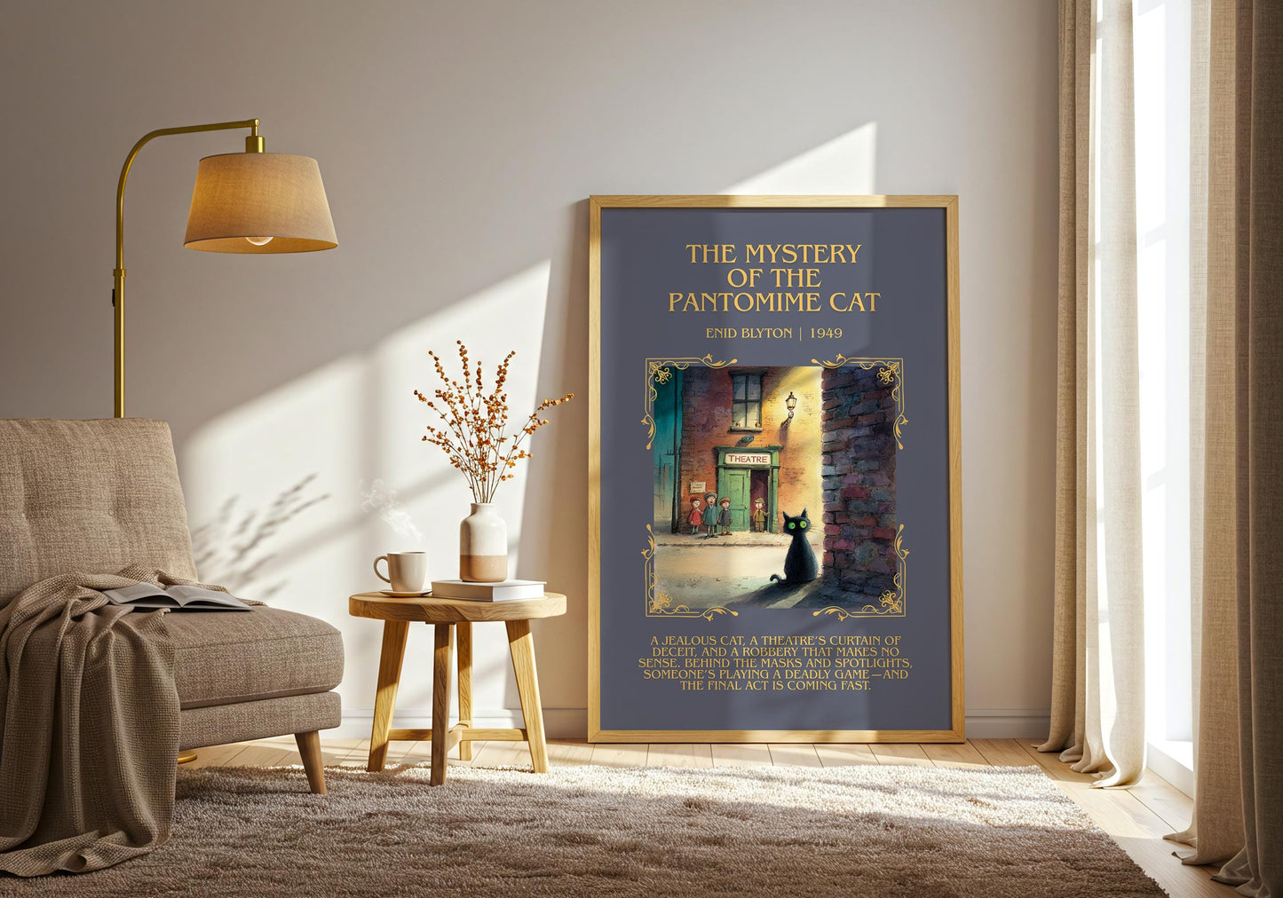 The Mystery Of The Pantomime Cat by Enid Blyton Descriptive, High Quality Poster Print.Free Delivery Wall Art.Author&Blurb Book Nook Gift