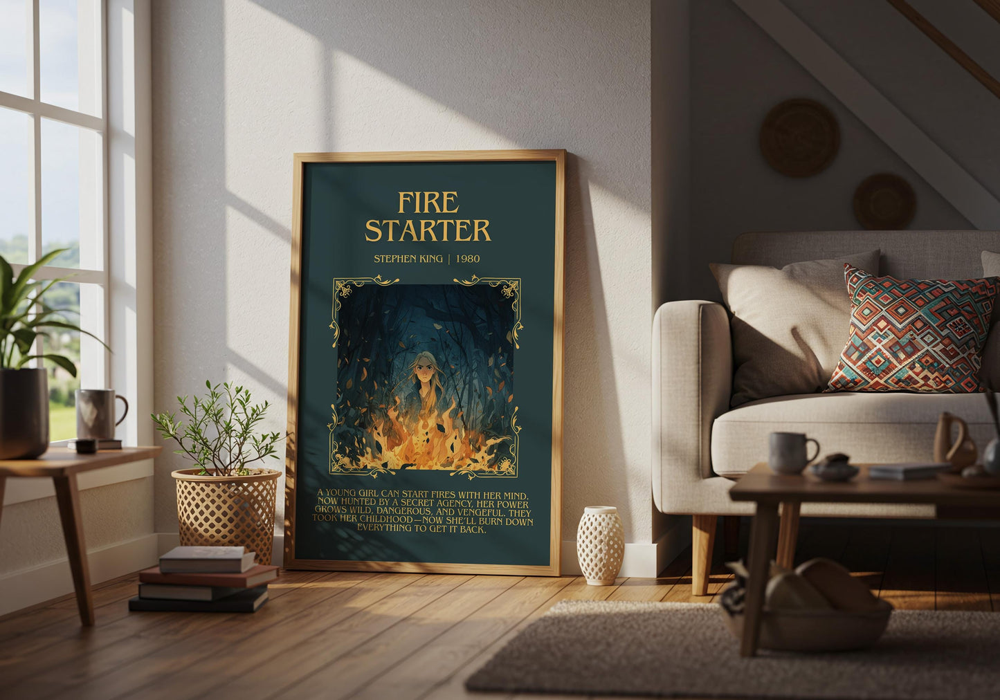 Fire Starter by Stephen King Descriptive, High Quality Poster Print.Free Delivery Wall Art. Author&Blurb Book Nook Library Gift Art