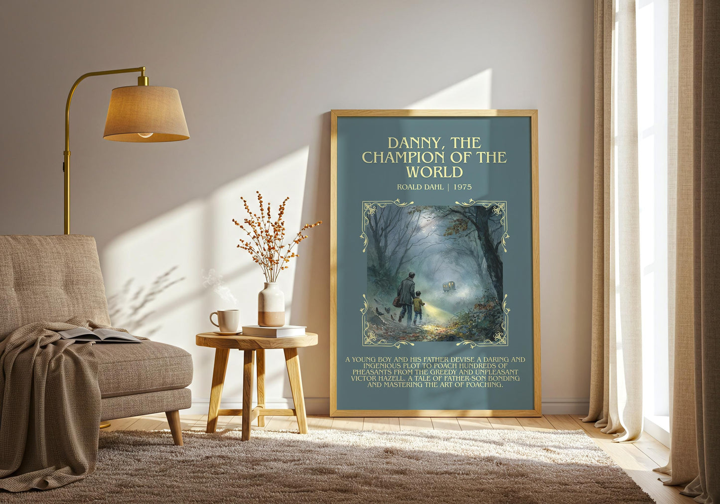 Danny, The Champion Of The World by Roald Dahl Descriptive, High Quality Poster Print.Free Delivery Wall Art.Author&Blurb Book Nook Gift