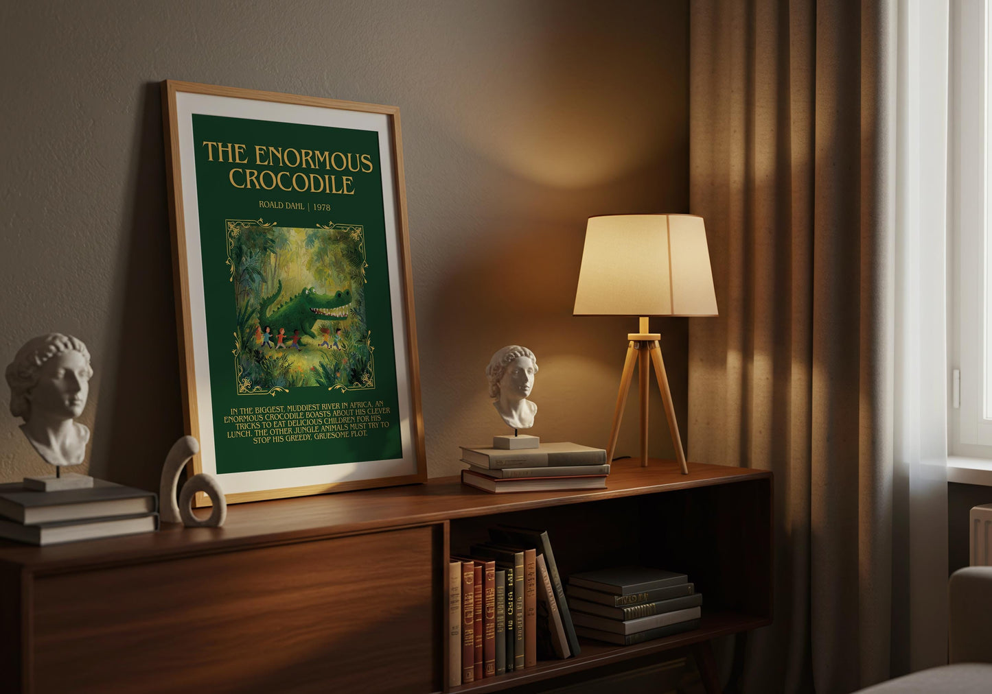 The Enormous Crocodile by Roald Dahl Descriptive, High Quality Poster Print.Free Delivery Wall Art.Author&Blurb Book Nook Gift Library