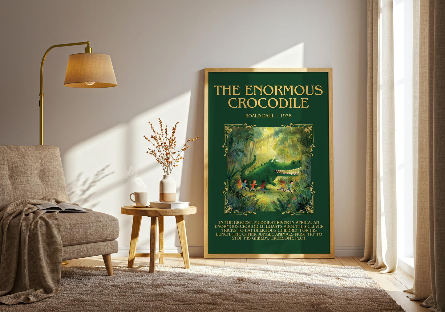 The Enormous Crocodile by Roald Dahl Descriptive, High Quality Poster Print.Free Delivery Wall Art.Author&Blurb Book Nook Gift Library