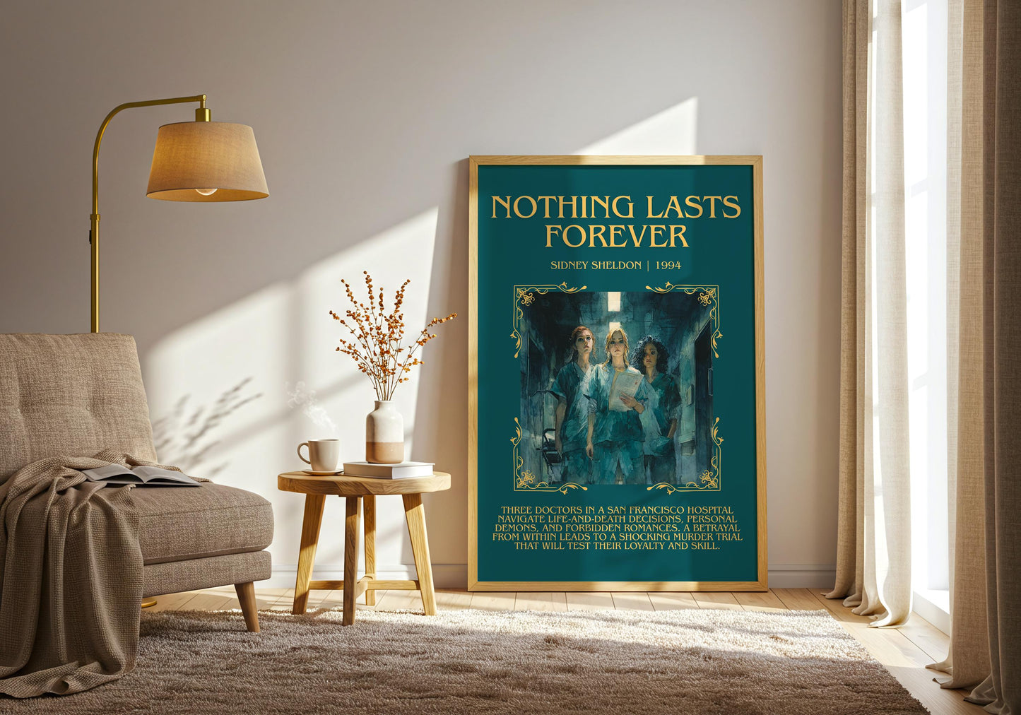 Nothing Lasts Forever by Sidney Sheldon Descriptive, High Quality Poster Print.Free Delivery Wall Art. Author&Blurb Book Nook Library