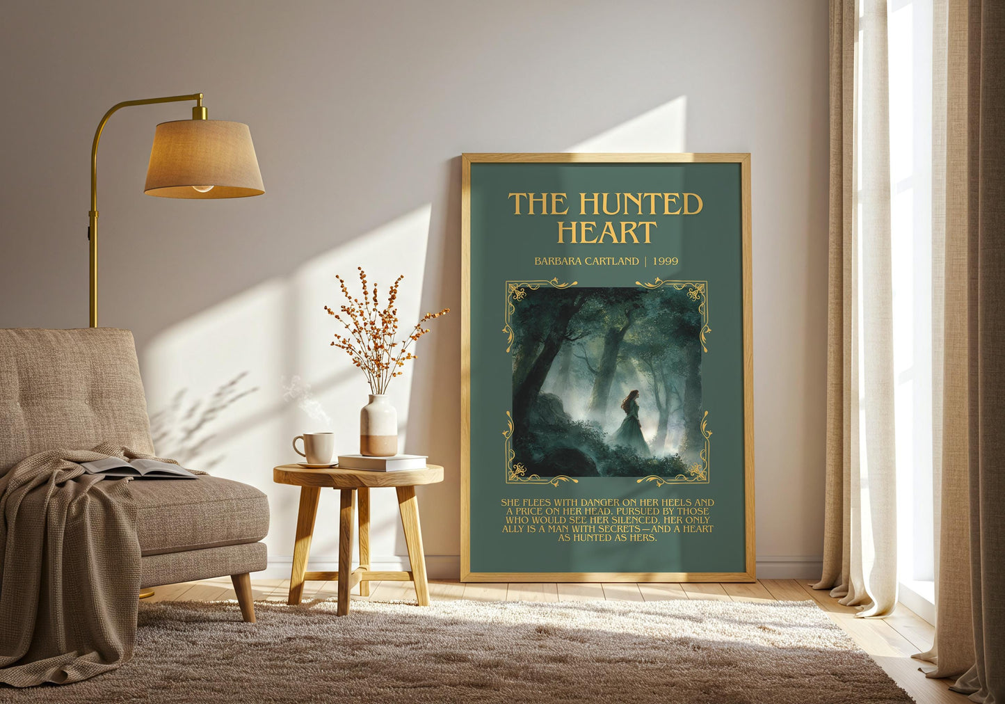 The Hunted Heart by Barbara Cartland Descriptive, High Quality Poster Print.Free Delivery Wall Art. Author&Blurb Book Nook Library Gift