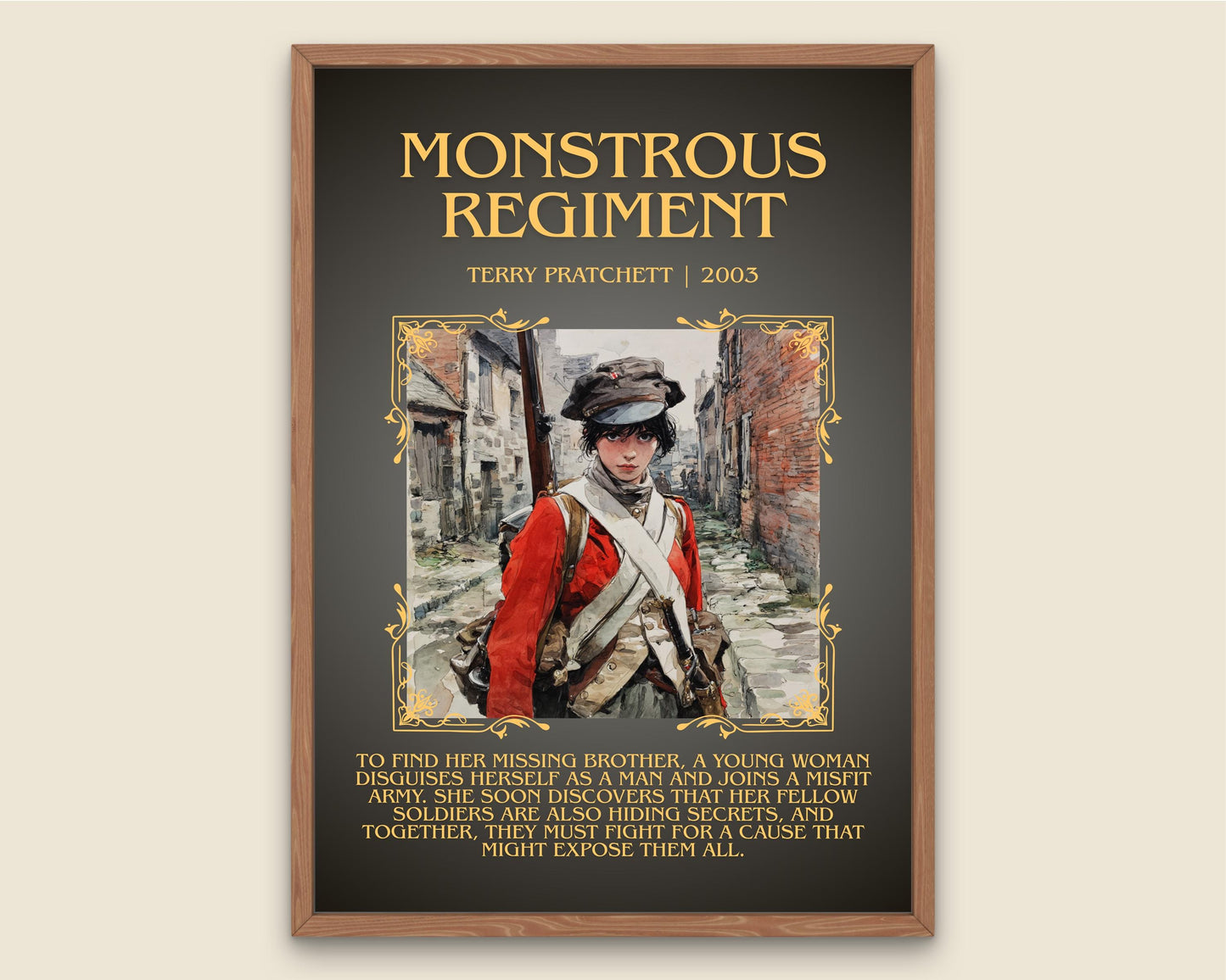 Monstrous Regiment by Terry Pratchett Descriptive, High Quality Poster Print.Free Delivery Wall Art. Author&Blurb Book Nook Library Gift