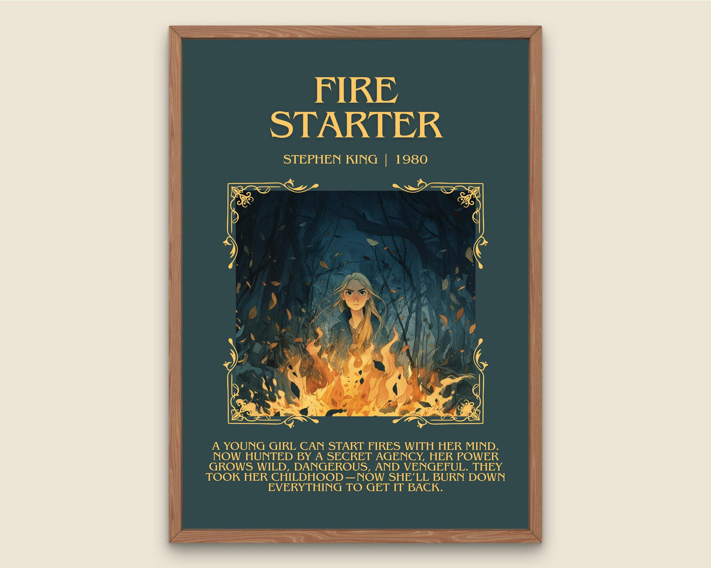Fire Starter by Stephen King Descriptive, High Quality Poster Print.Free Delivery Wall Art. Author&Blurb Book Nook Library Gift Art