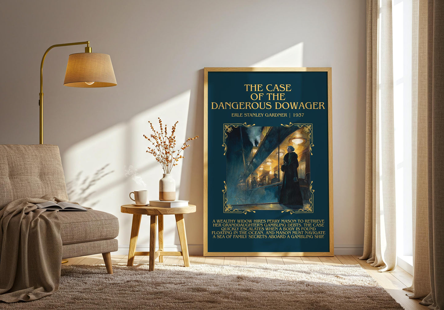 The Case Of The Dangerous Dowager by Erle Stanley Gardner Descriptive Poster Print.Free Delivery Wall Art. Author&Blurb Book Artwork Novel