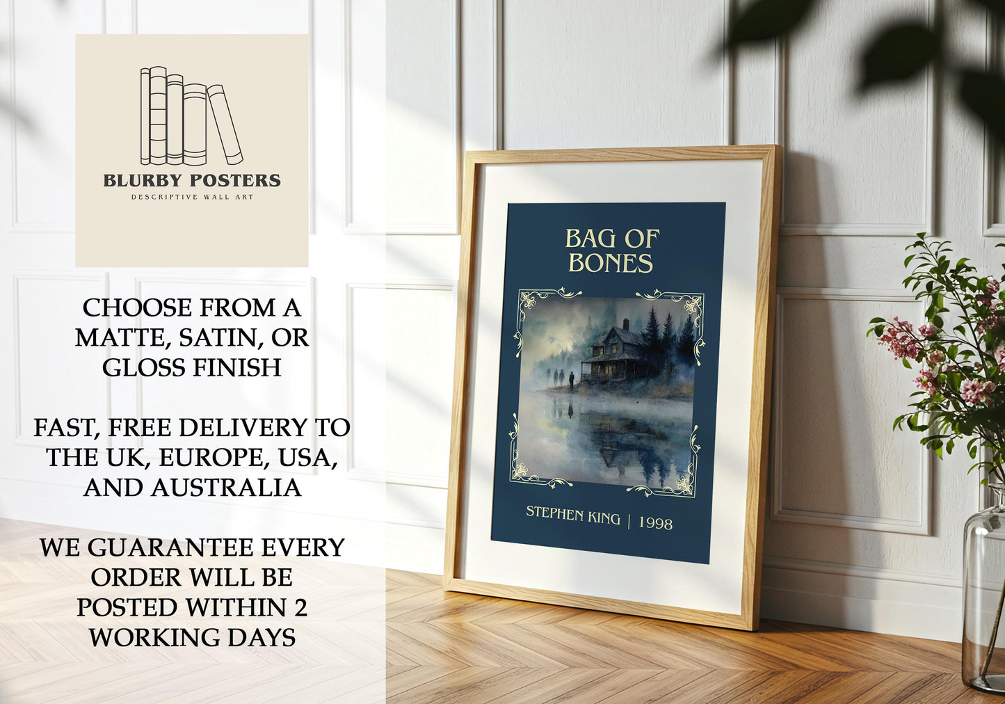 Bag Of Bones by Stephen King Descriptive Poster Print.Free Delivery Wall Art Author&Blurb Book Artwork Novel Poster Minimalist