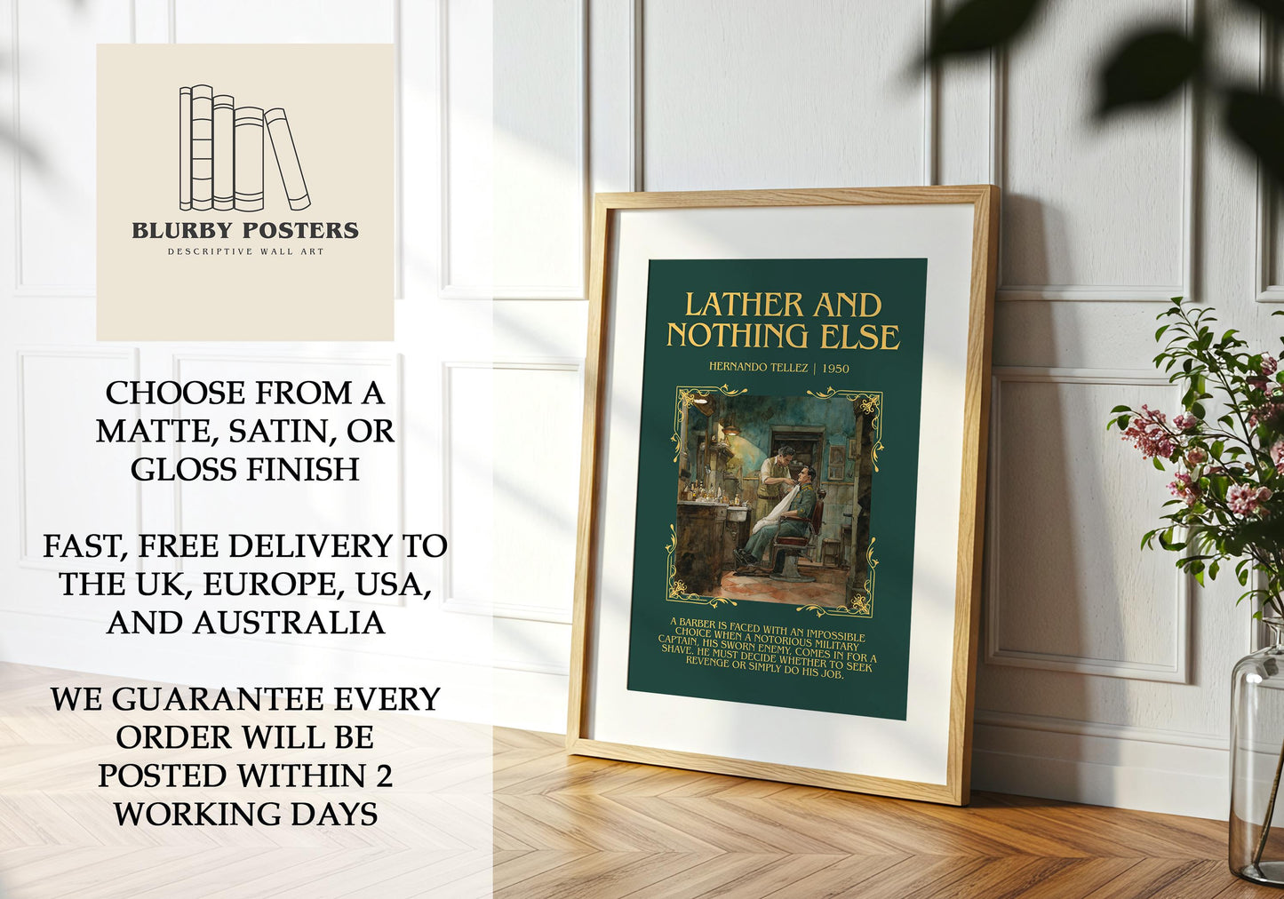 Lather And Nothing Else by Hernando Tellez Descriptive Poster Print.Free Delivery Wall Art Author&Blurb Book Artwork Novel Poster