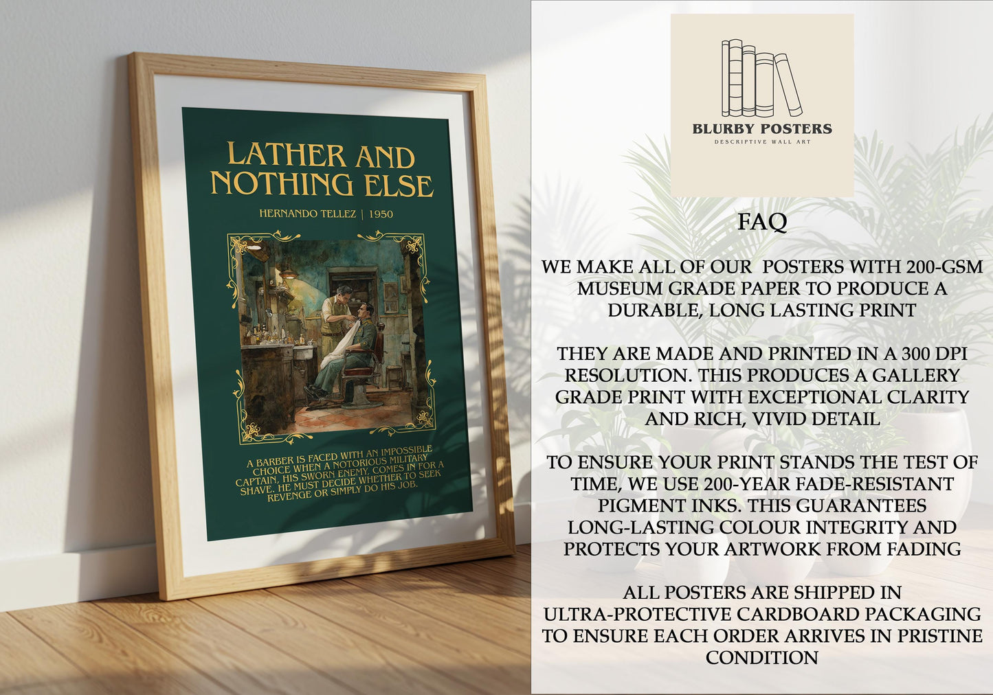 Lather And Nothing Else by Hernando Tellez Descriptive Poster Print.Free Delivery Wall Art Author&Blurb Book Artwork Novel Poster