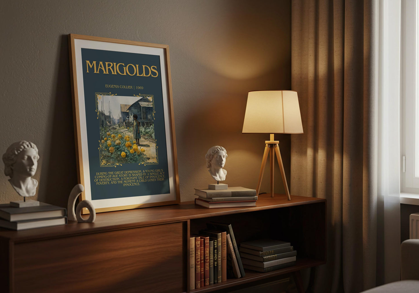 Marigolds By Eugenia Collier Descriptive Poster Print.Free Delivery Wall Art Author&Blurb Book Artwork Novel Poster