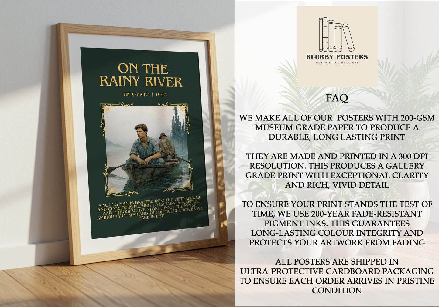 On The Rainy River by Tim O'Brien Descriptive Poster Print.Free Delivery Wall Art Author&Blurb Book Artwork Novel Poster