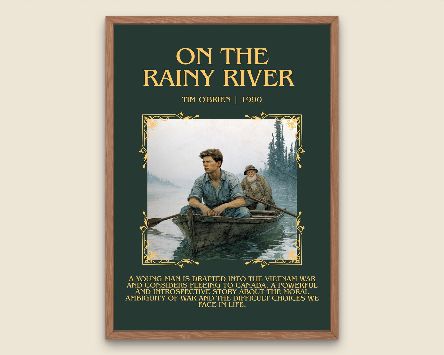 On The Rainy River by Tim O'Brien Descriptive Poster Print.Free Delivery Wall Art Author&Blurb Book Artwork Novel Poster