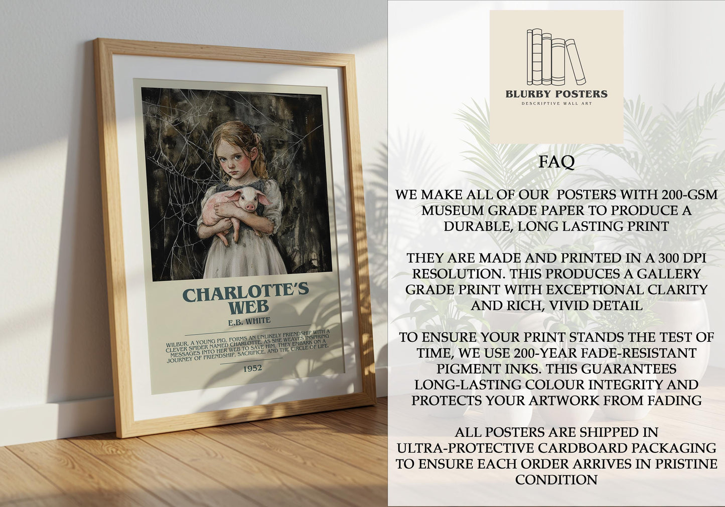 Charlottes Web by E.B. White Descriptive Poster Print. Free Delivery Wall Art Author & Blurb Book Artwork Novel Modern Poster Gift