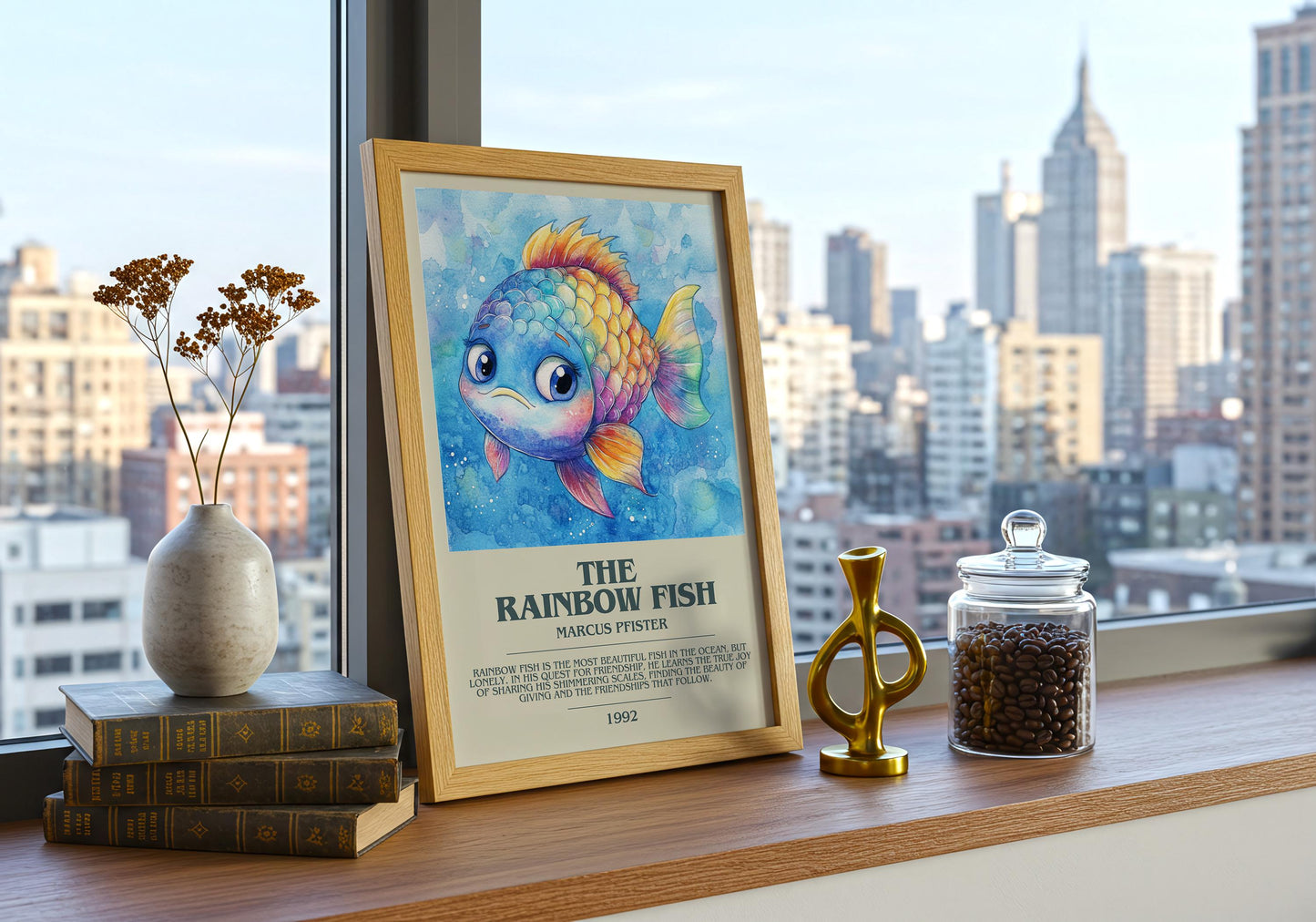 The Rainbow Fish by Marcus Pfister Descriptive Poster Print. Free Delivery Wall Art Author & Blurb Book Artwork Novel Modern Poster Gift