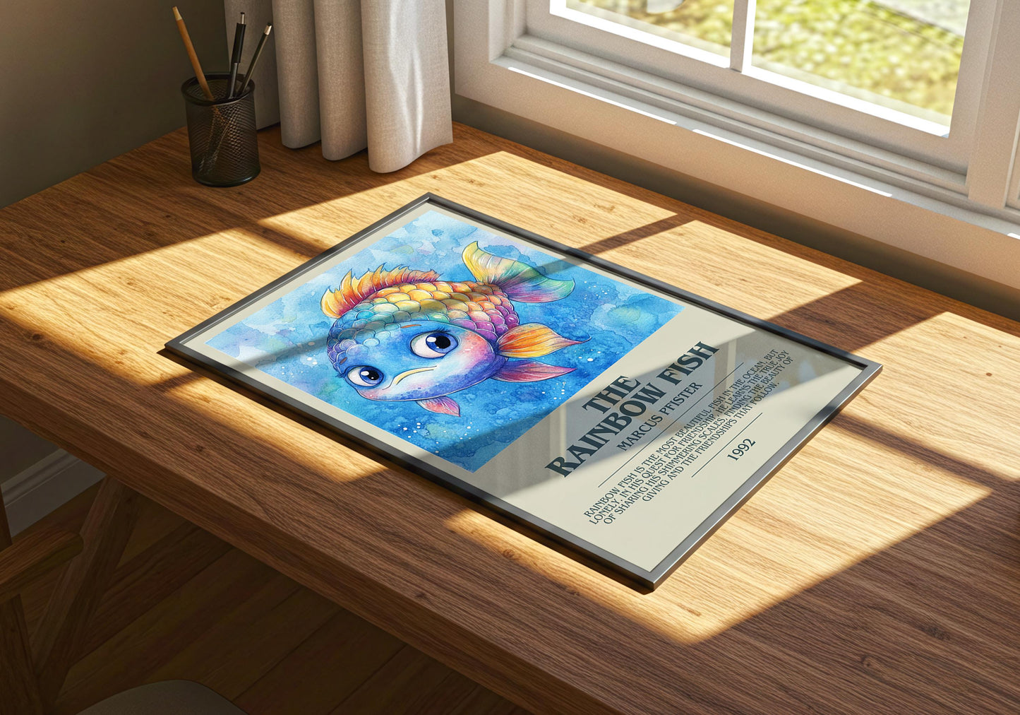 The Rainbow Fish by Marcus Pfister Descriptive Poster Print. Free Delivery Wall Art Author & Blurb Book Artwork Novel Modern Poster Gift