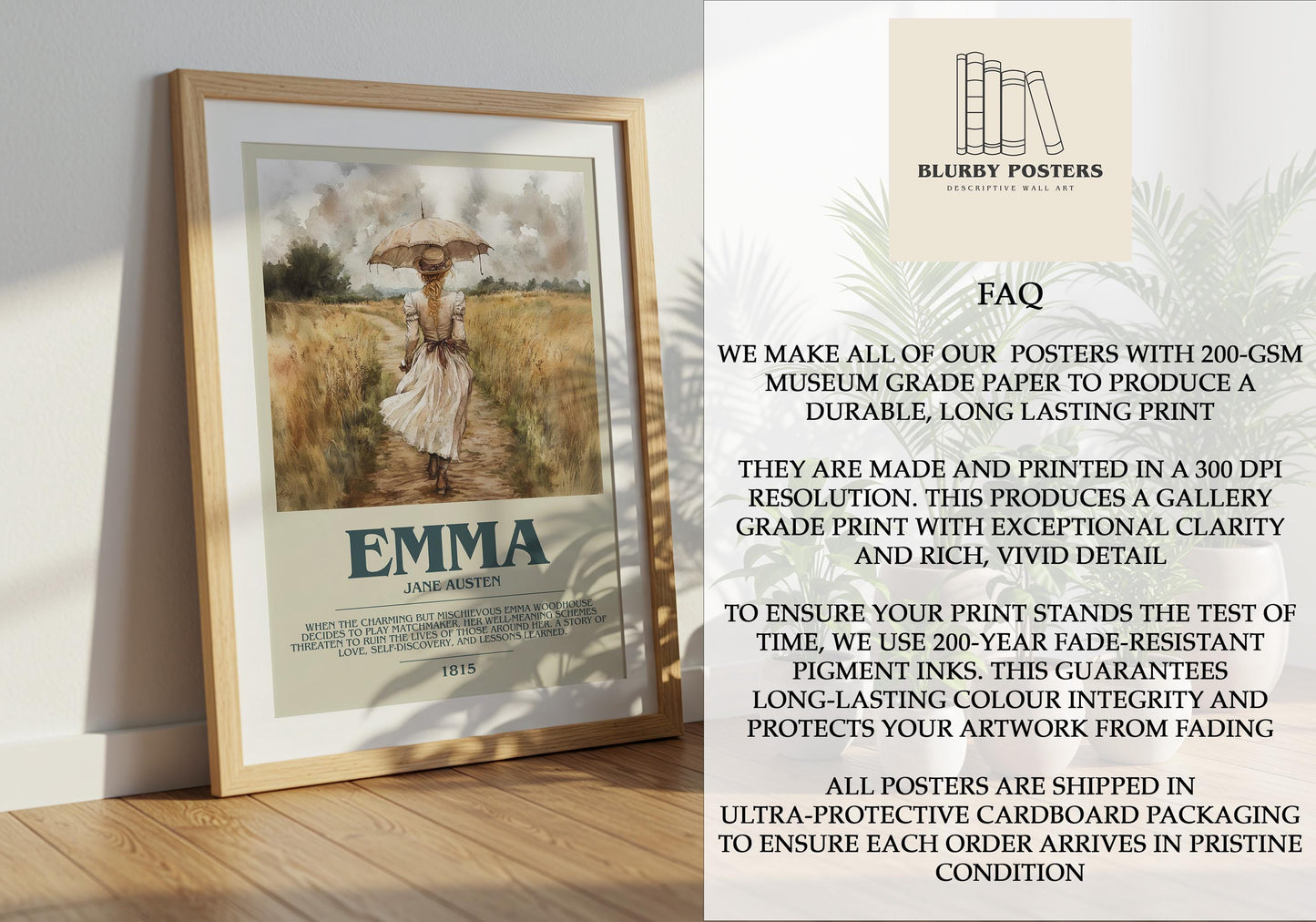 Emma by Jane Austen Descriptive Poster Print. Free Delivery Wall Art Author & Blurb Book Artwork Novel Modern Poster Gift