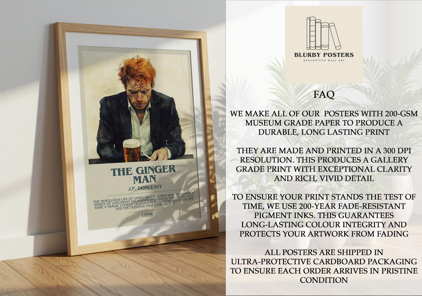 The Ginger Man by J.P. Donleavy Descriptive Poster Print. Free Delivery Wall Art Author & Blurb Book Artwork Novel Modern Poster Gift