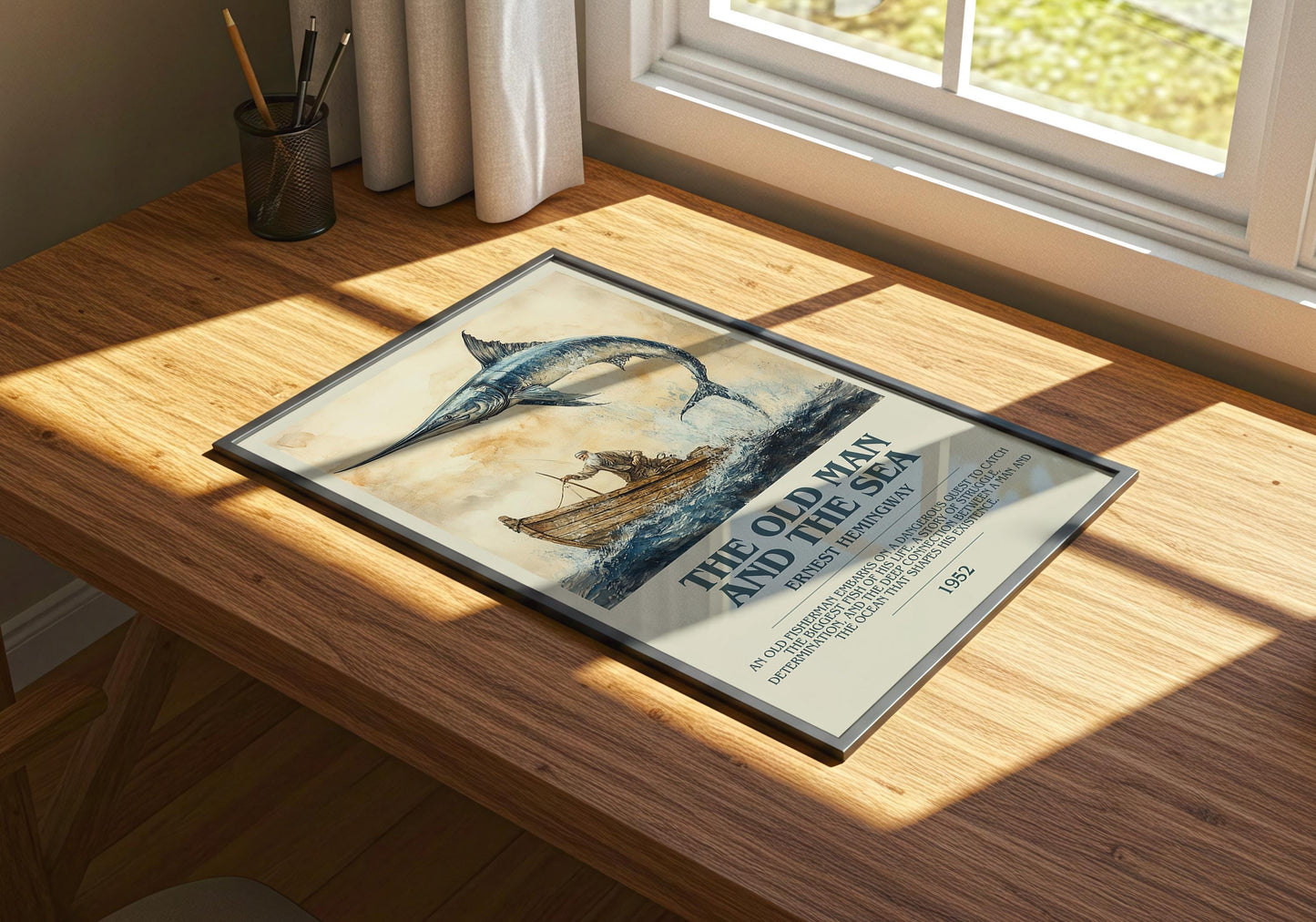 The Old Man And The Sea by Ernest Hemingway Descriptive Poster Print. Free Delivery Wall Art Author & Blurb Book Artwork Novel Modern Poster