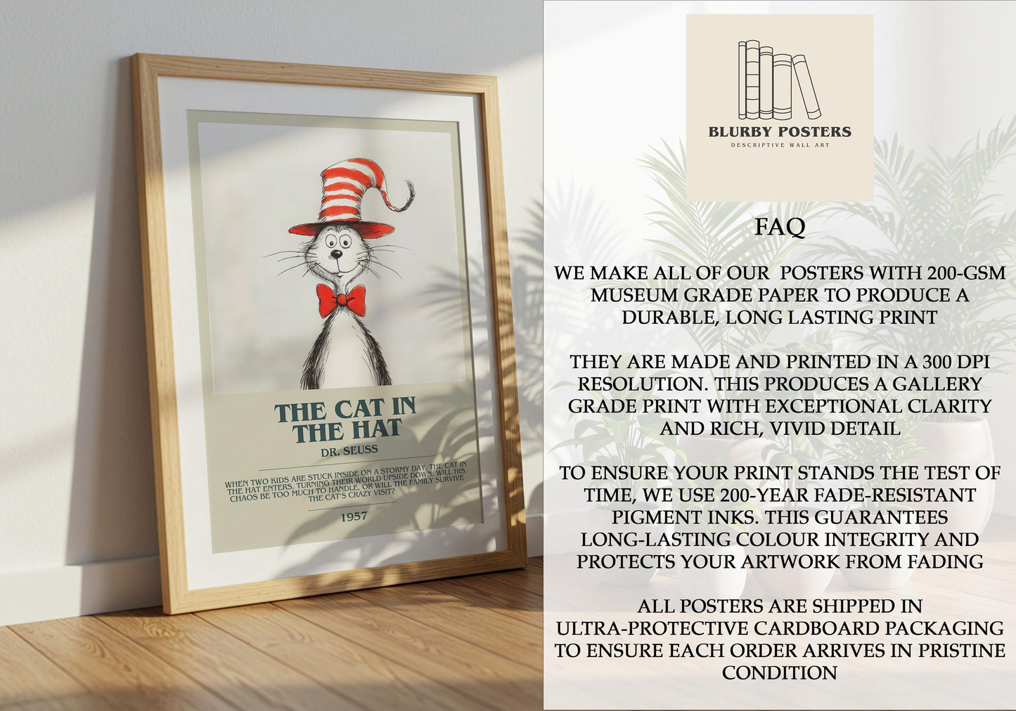 The Cat In The Hat by Dr. Seuss Descriptive Poster Print. Free Delivery Wall Art Author & Blurb Book Artwork Novel Modern Poster