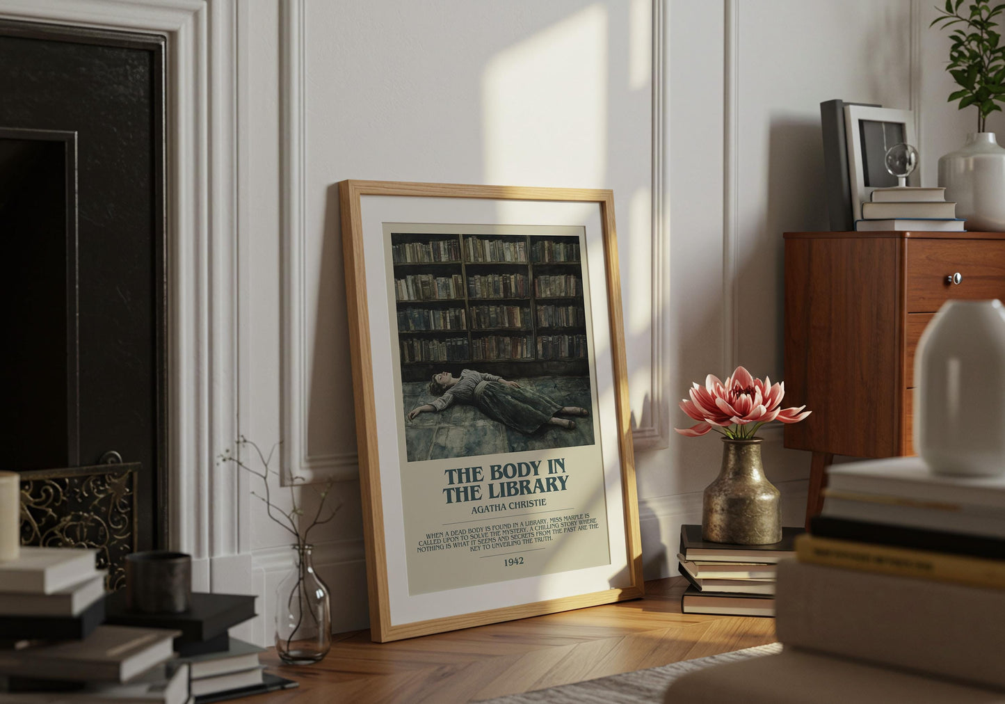 The Body In The Library by Agatha Christie Descriptive Poster Print. Free Delivery Wall Art Author & Blurb Book Artwork Novel Modern
