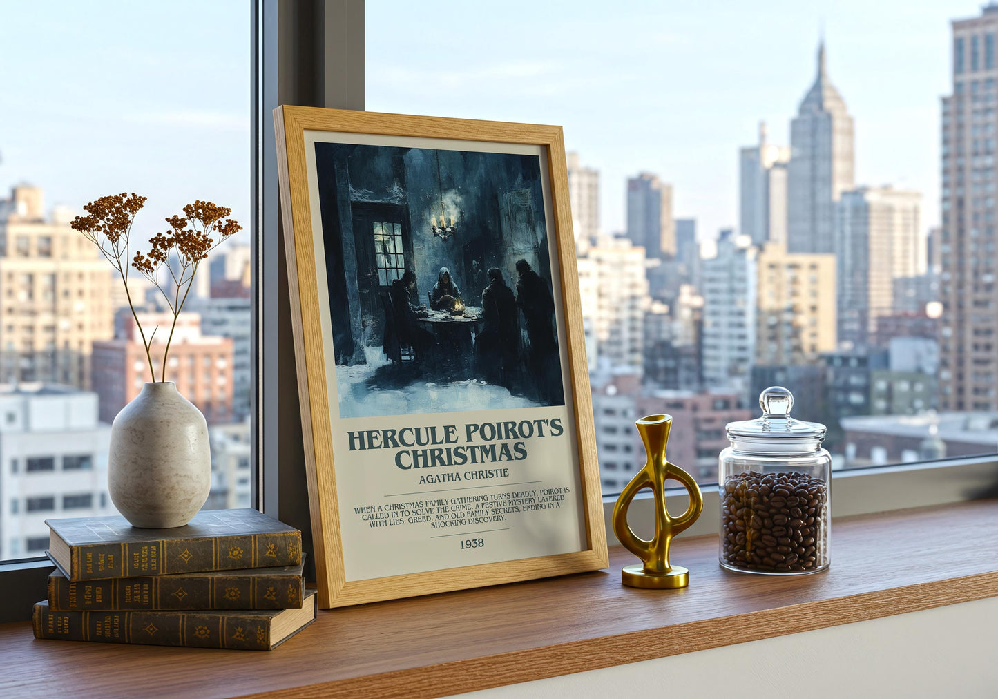 Hercule Poirot's Christmas by Agatha Christie Descriptive Poster Print. Free Delivery Wall Art Author & Blurb Book Artwork Novel Modern Gift
