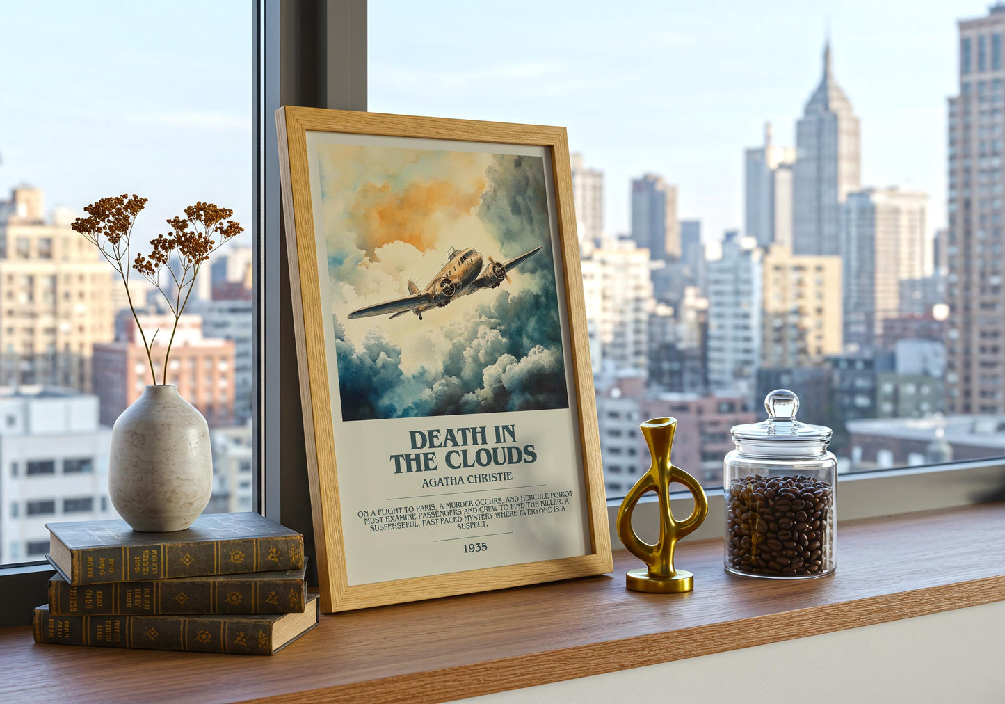 Death In The Clouds by Agatha Christie Descriptive Poster Print. Free Delivery Wall Art Author & Blurb Book Artwork Novel Modern Gift