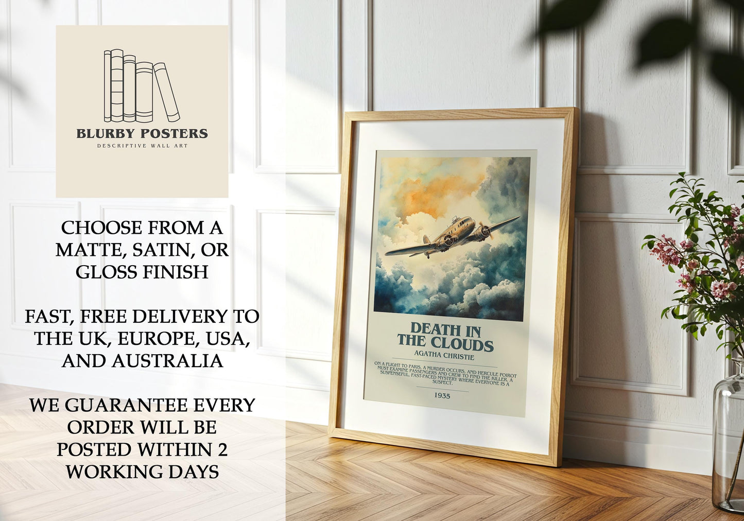 Death In The Clouds by Agatha Christie Descriptive Poster Print. Free Delivery Wall Art Author & Blurb Book Artwork Novel Modern Gift