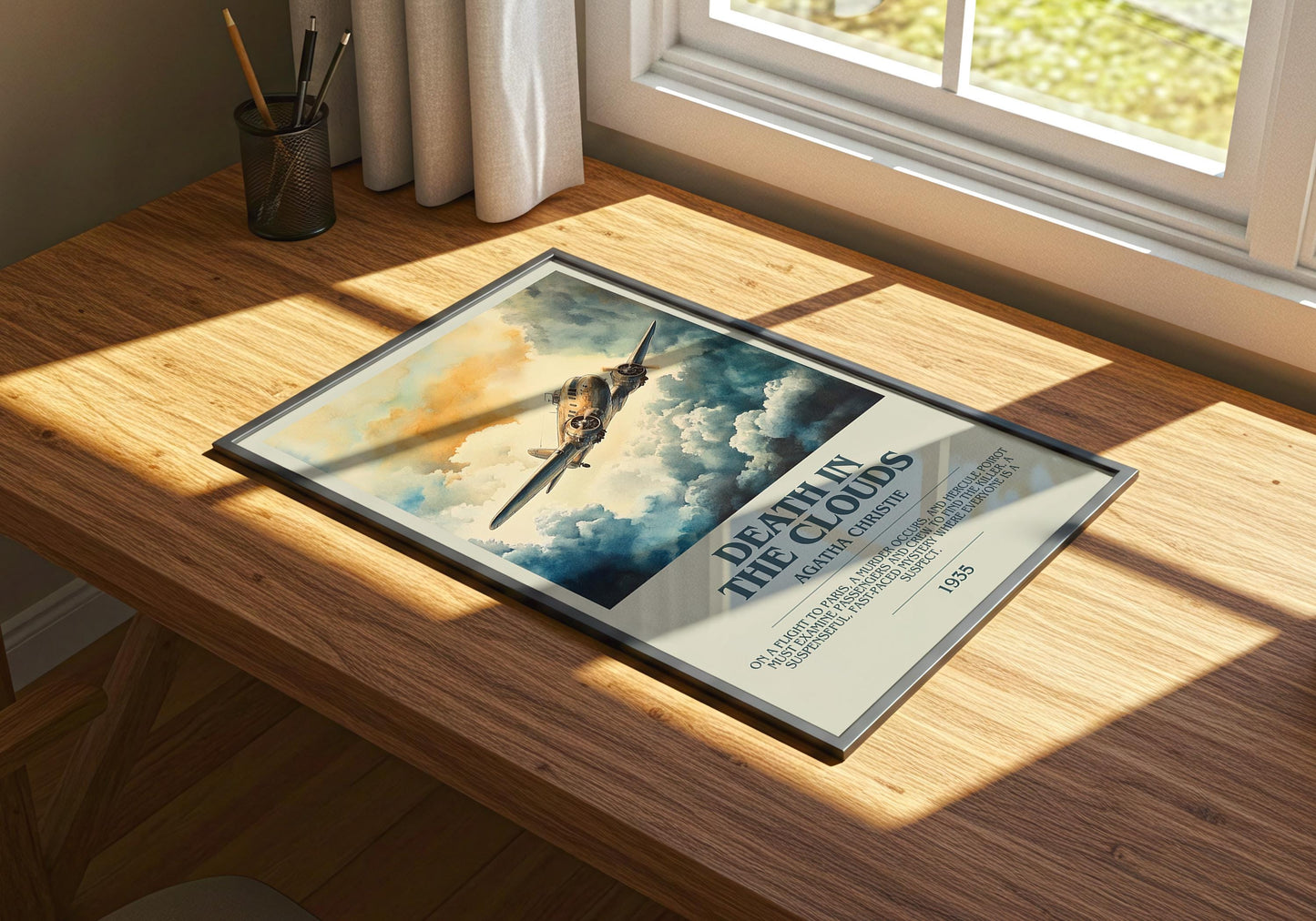 Death In The Clouds by Agatha Christie Descriptive Poster Print. Free Delivery Wall Art Author & Blurb Book Artwork Novel Modern Gift