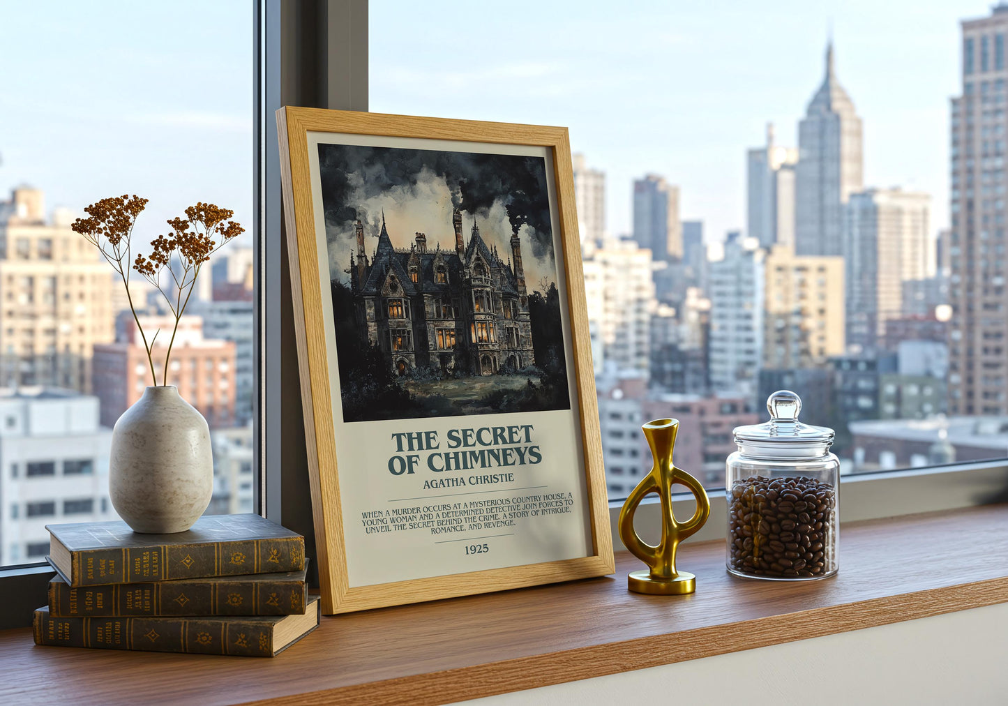 The Secret Of Chimneys by Agatha Christie Descriptive Poster Print. Free Delivery Wall Art Author & Blurb Book Artwork Novel Modern Gift