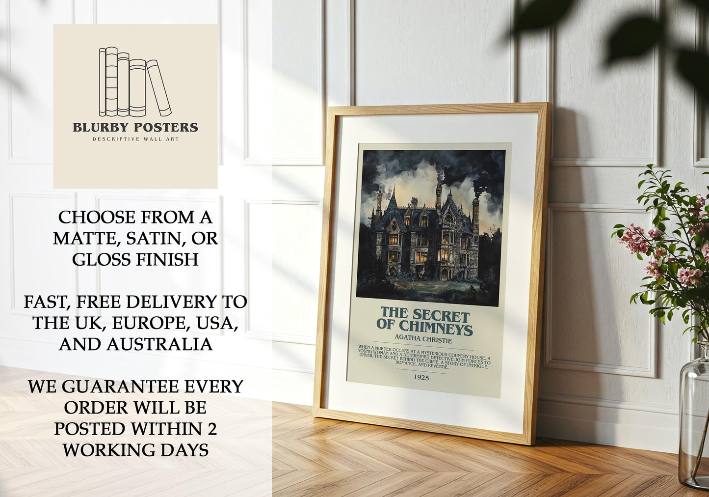 The Secret Of Chimneys by Agatha Christie Descriptive Poster Print. Free Delivery Wall Art Author & Blurb Book Artwork Novel Modern Gift