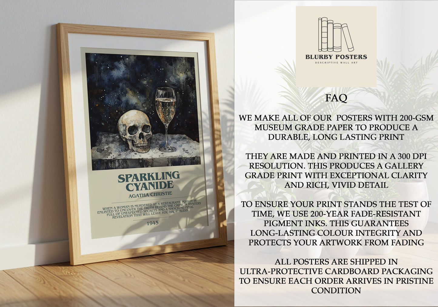 Sparkling Cyanide by Agatha Christie Descriptive Poster Print. Free Delivery Wall Art Author & Blurb Book Artwork Novel Modern Gift