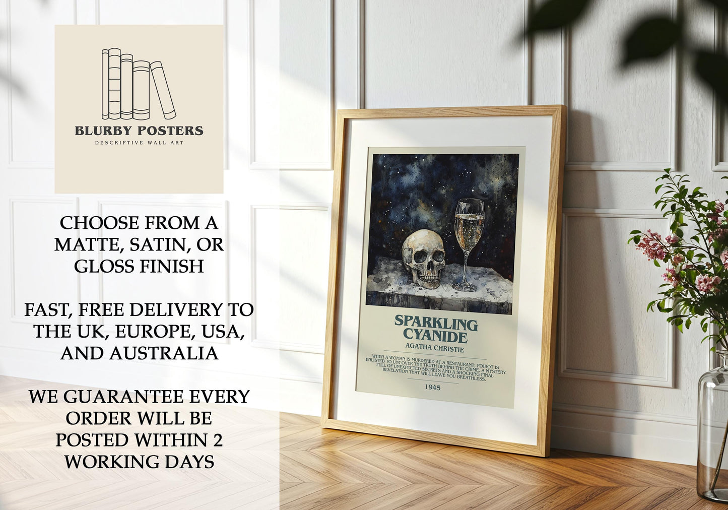 Sparkling Cyanide by Agatha Christie Descriptive Poster Print. Free Delivery Wall Art Author & Blurb Book Artwork Novel Modern Gift