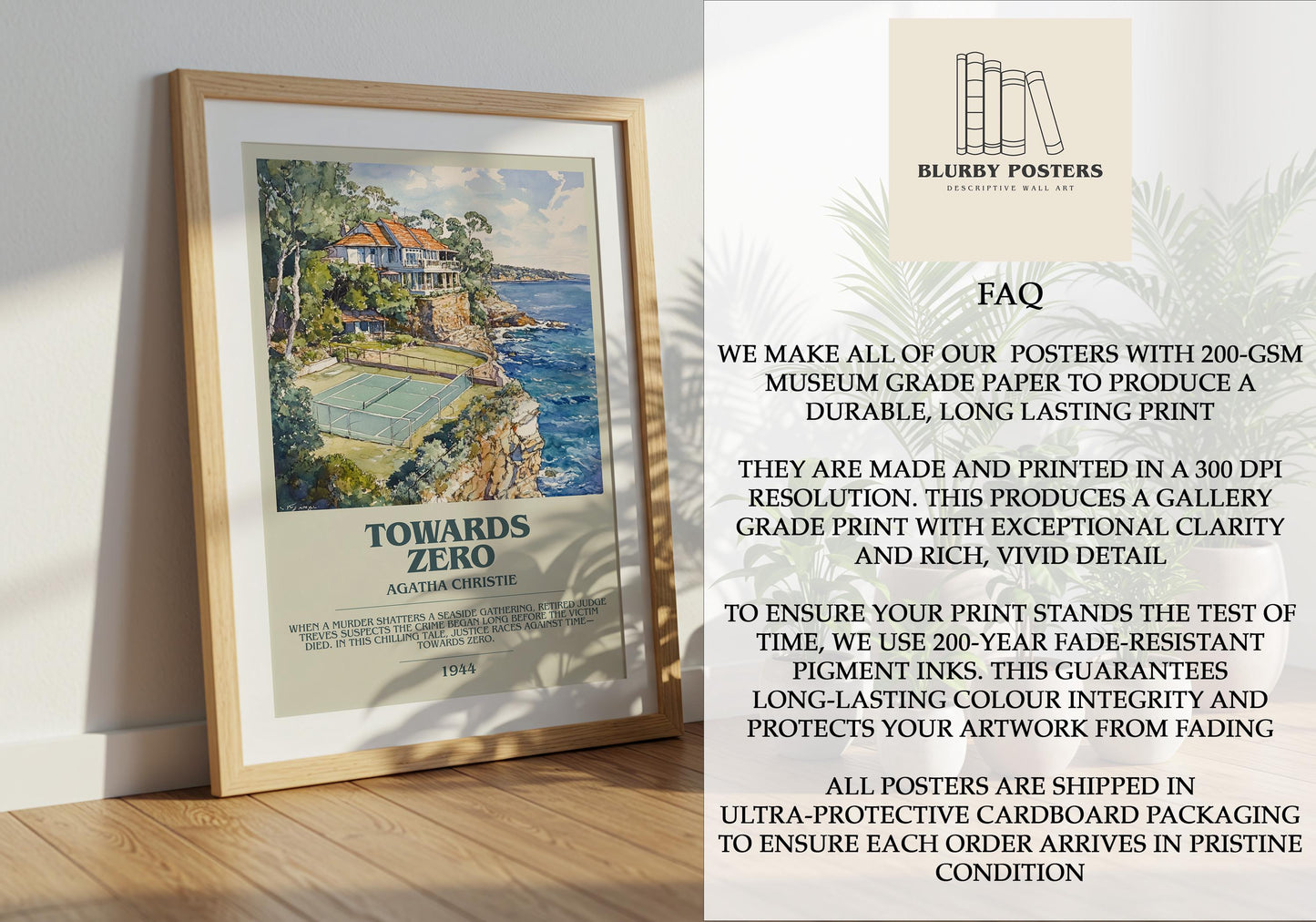 Towards Zero by Agatha Christie Descriptive Poster Print. Free Delivery Wall Art Author & Blurb Book Artwork Novel Modern Gift