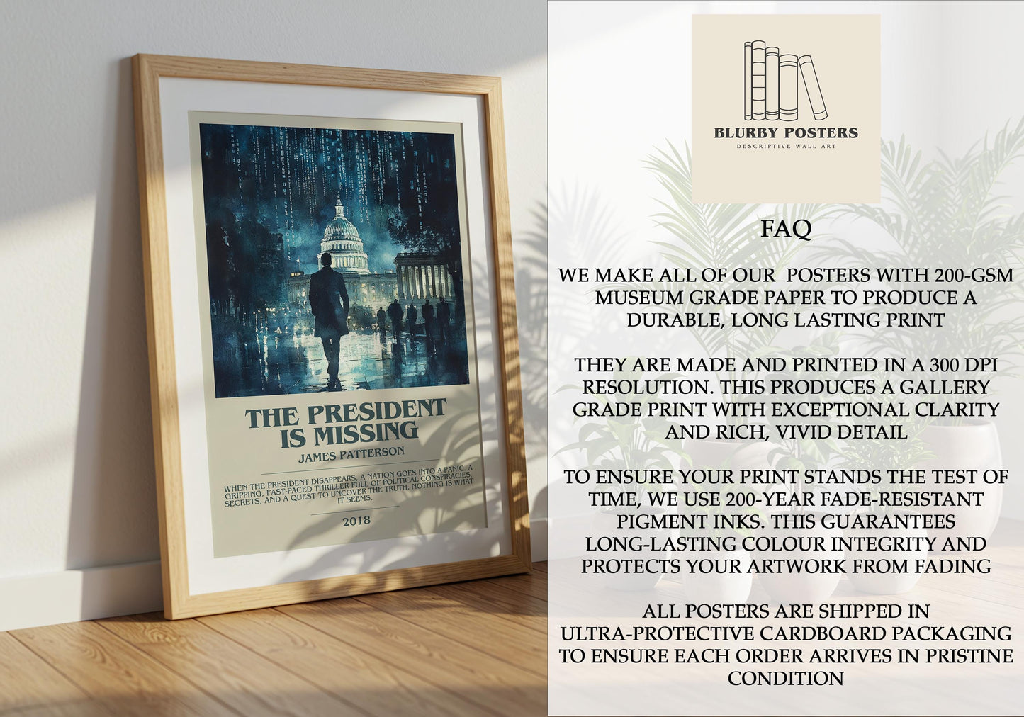 The President Is Missing by James Patterson Descriptive Poster Print. Free Delivery Wall Art Author & Blurb Book Artwork Novel Modern