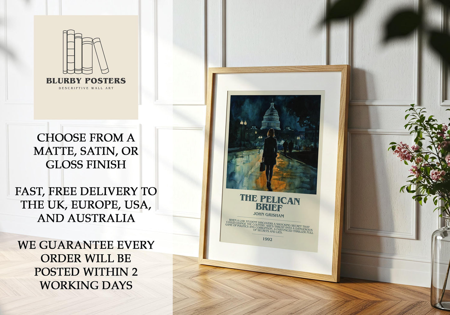 The Pelican Brief by John Grisham Descriptive Poster Print. Free Delivery Wall Art Author & Blurb Book Artwork Novel Modern
