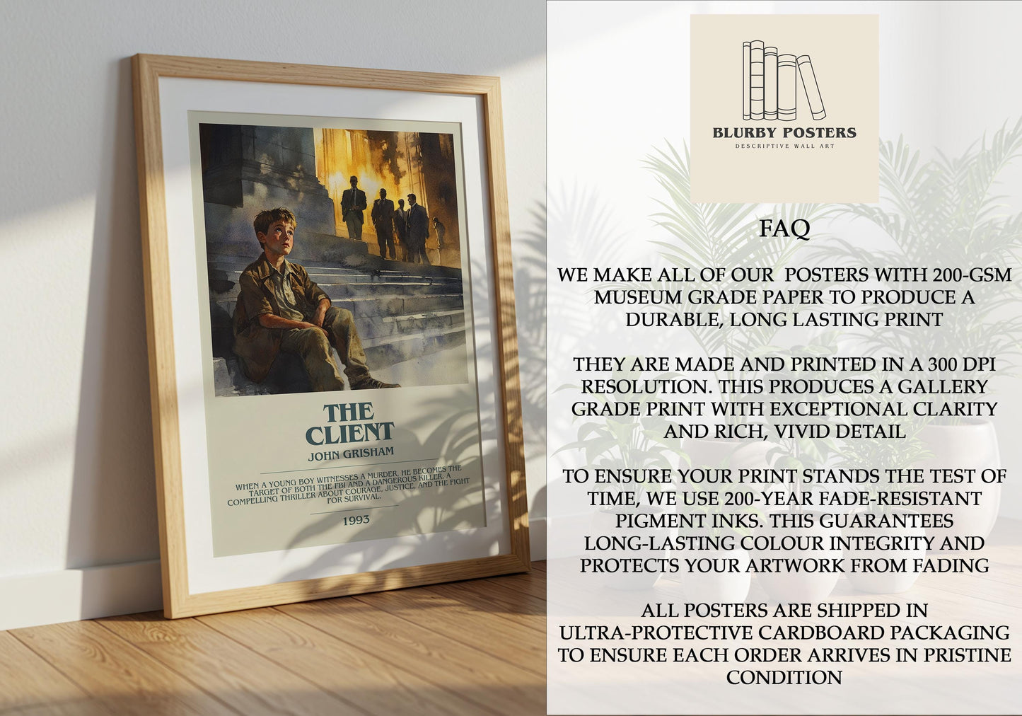 The Client by John Grisham Descriptive Poster Print. Free Delivery Wall Art Author & Blurb Book Artwork Novel Modern Gift
