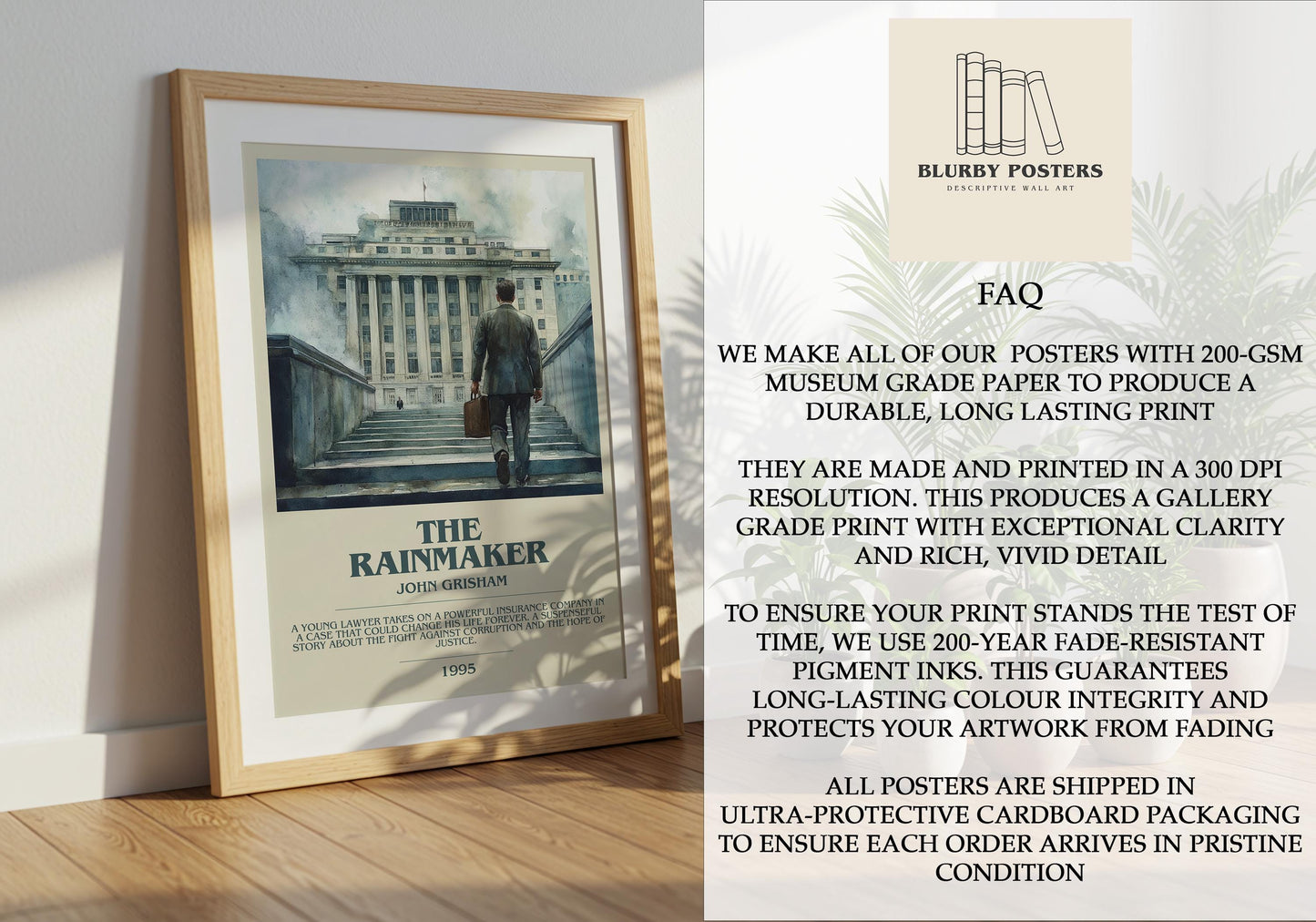 The Rainmaker by John Grisham Descriptive Poster Print. Free Delivery Wall Art Author & Blurb Book Artwork Novel Modern Gift