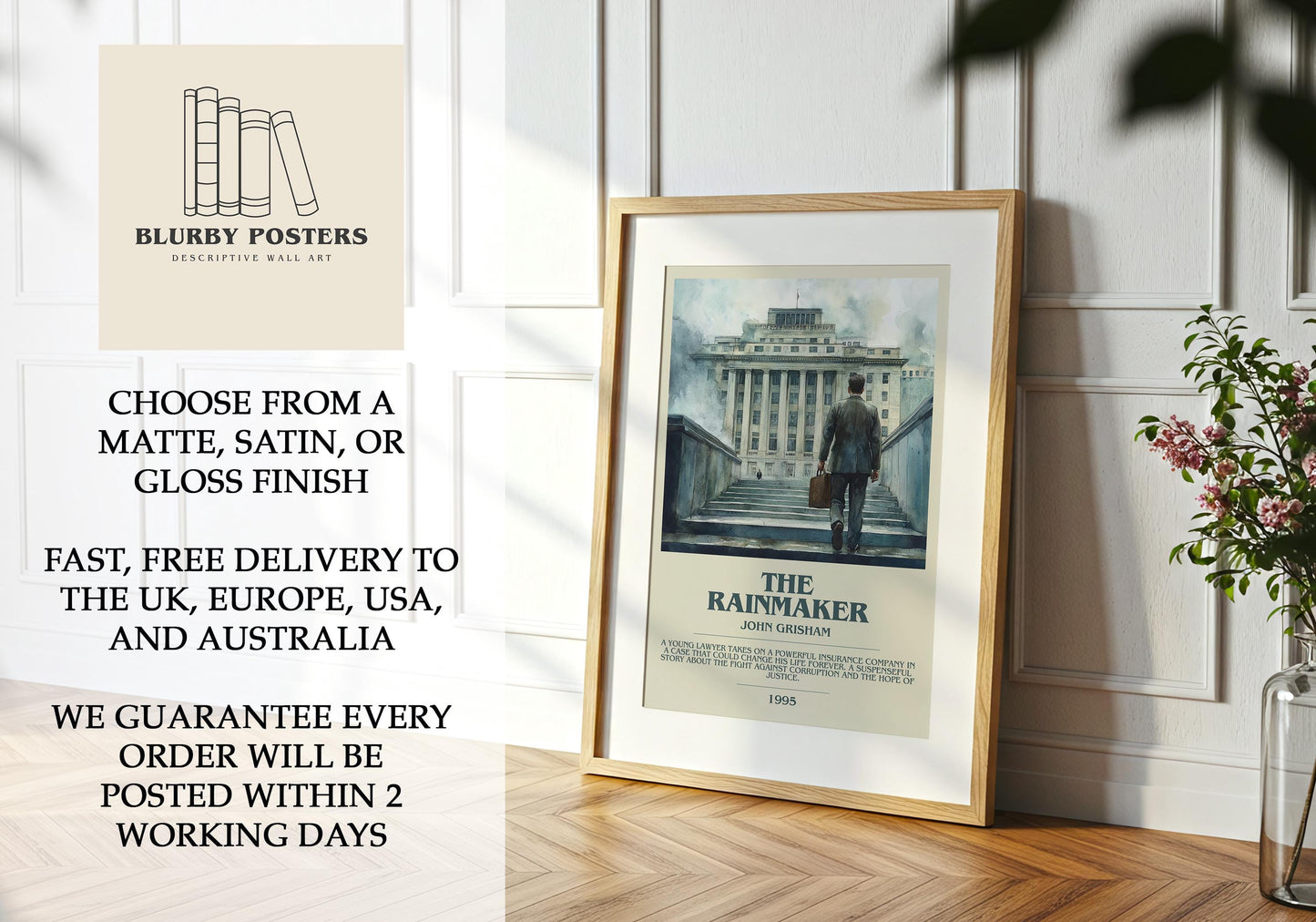 The Rainmaker by John Grisham Descriptive Poster Print. Free Delivery Wall Art Author & Blurb Book Artwork Novel Modern Gift