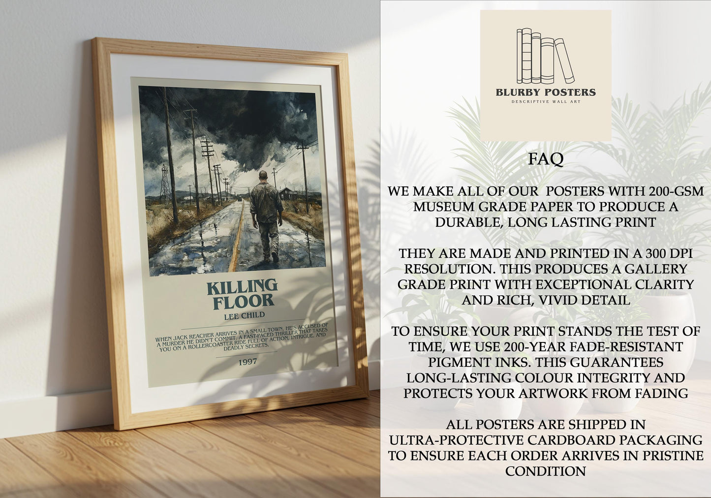 Killing Floor by Lee Child Descriptive Poster Print. Free Delivery Wall Art Author & Blurb Book Artwork Novel Modern Gift