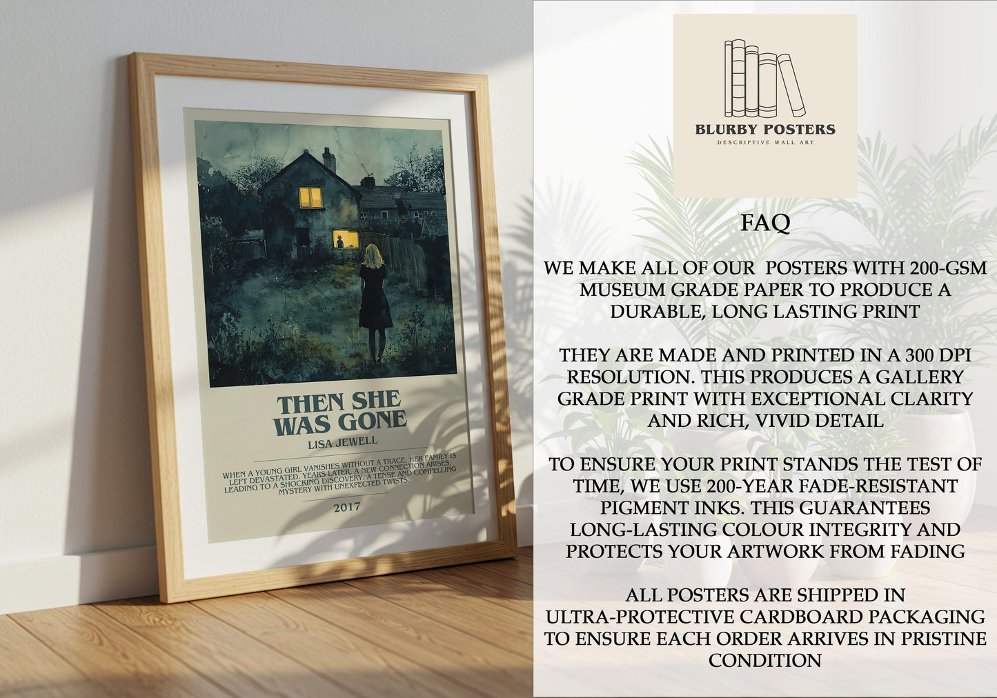 Then She Was Gone by Lisa Jewell Descriptive Poster Print. Free Delivery Wall Art Author & Blurb Book Artwork Novel Modern Gift
