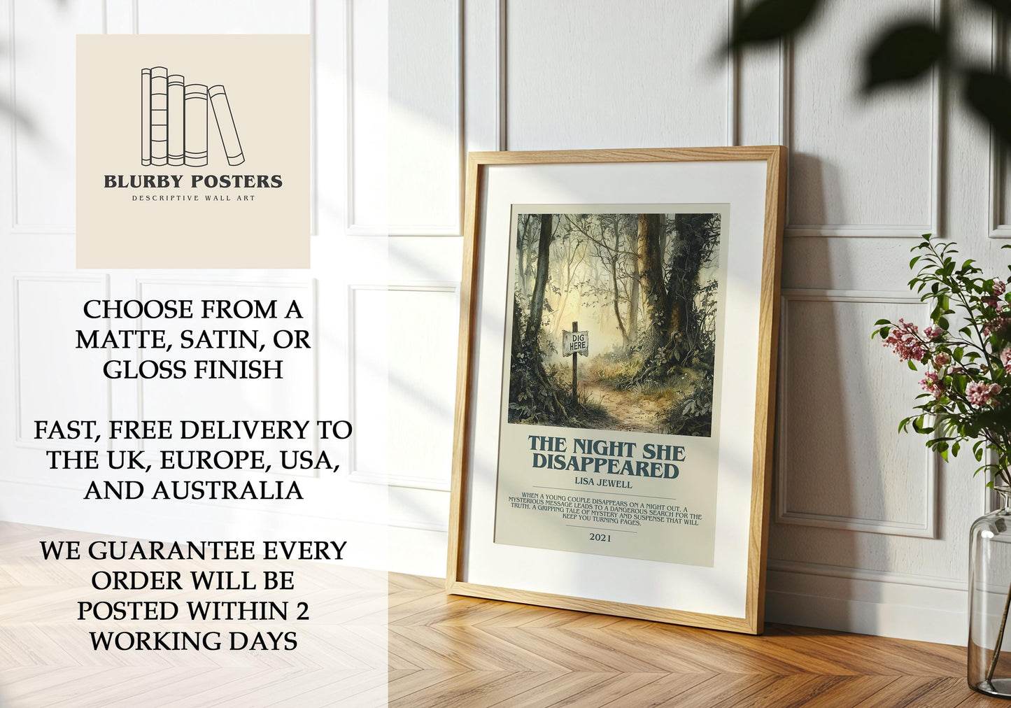 The Night She Disappeared by Lisa Jewell Descriptive Poster Print. Free Delivery Wall Art Author & Blurb Book Artwork Novel Modern Gift