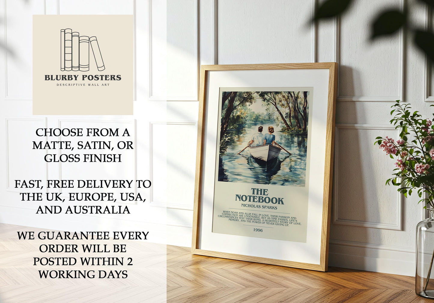 The Notebook by Nicholas Sparks Descriptive Poster Print. Free Delivery Wall Art Author & Blurb Book Artwork Novel Modern Gift