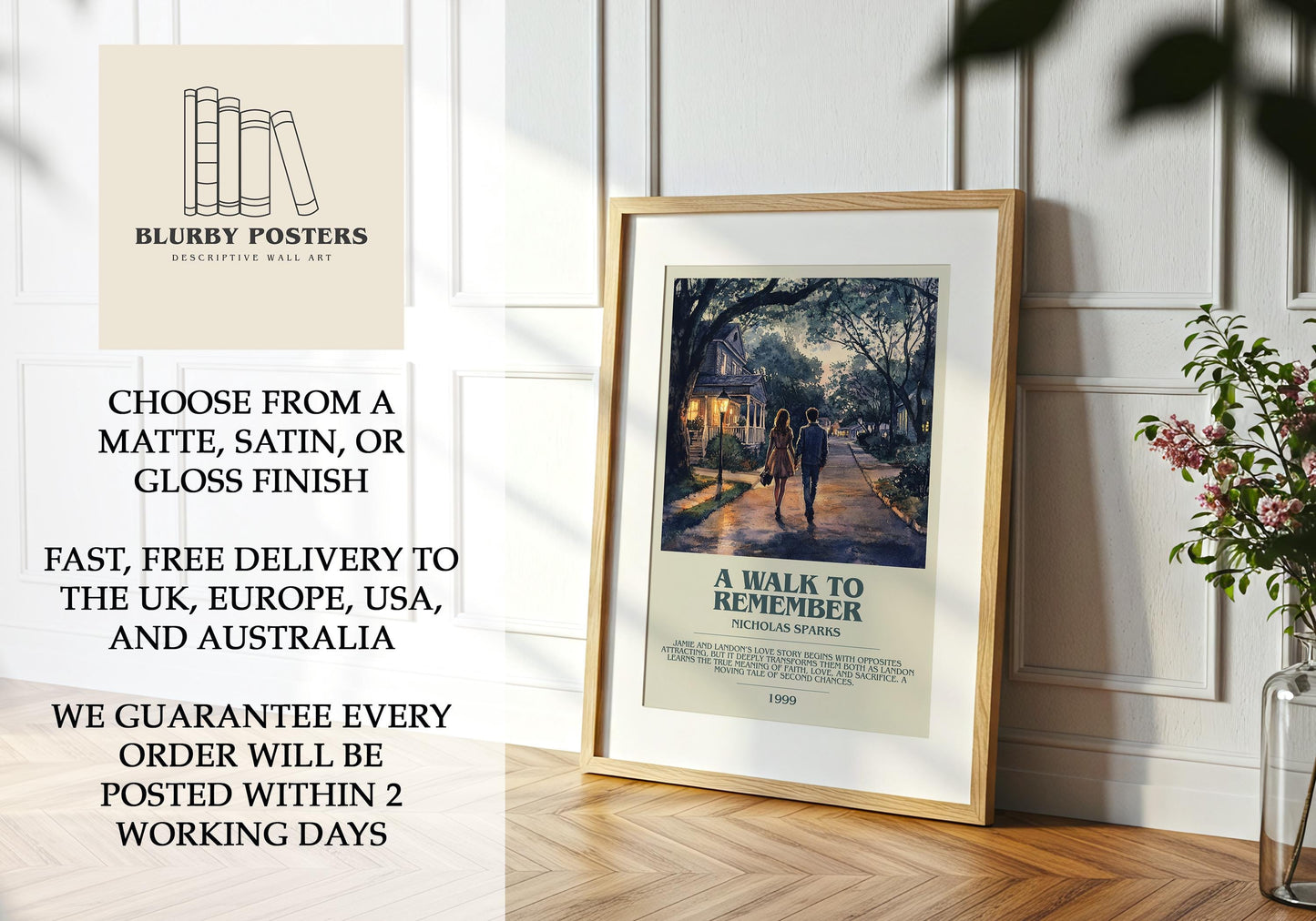 A Walk To Remember by Nicholas Sparks Descriptive Poster Print. Free Delivery Wall Art Author & Blurb Book Artwork Novel Modern Gift