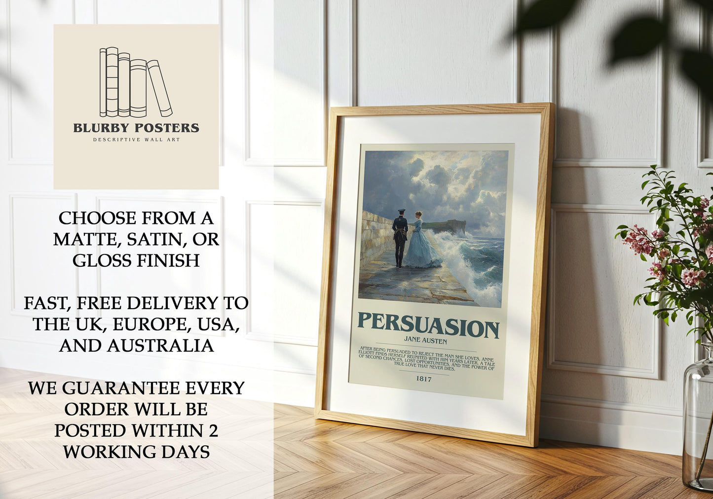 Persuasion by Jane Austen Descriptive Poster Print. Free Delivery Wall Art Author & Blurb Book Artwork Novel Modern Gift